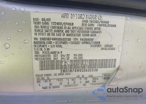 2003 Mercury Grand Marquis Gs из США, поврежденный, VIN 2MEFM74W03X632538